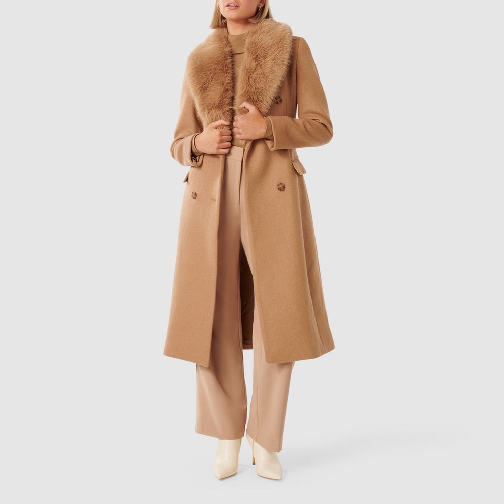 Ever New Frankie Tan Wool Pea Coat with Faux Fur Collar